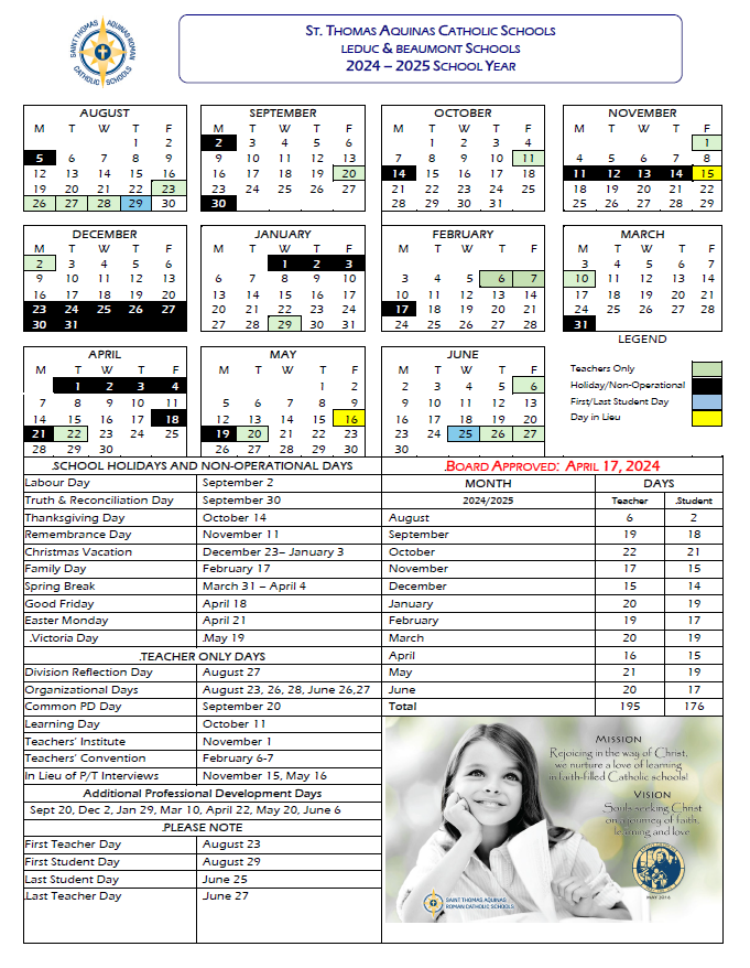 New 2024/2025 Calendar Father Leduc Catholic School